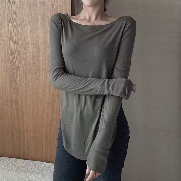 Sexy top long sleeve t-shirt basic slit sheer army green black white - Picture 13 of 16
